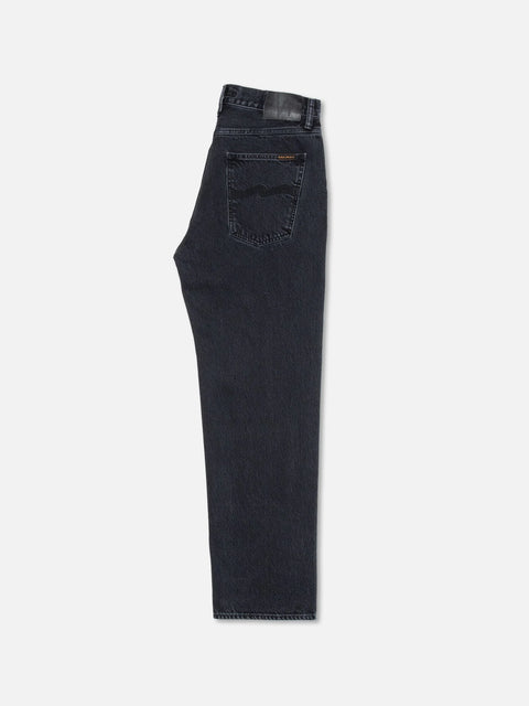 Tuff Tony in Black Vintage von Nudie Jeans – Rückansicht der Jeans mit klassischem Five-Pocket-Stil flach ausgelegt