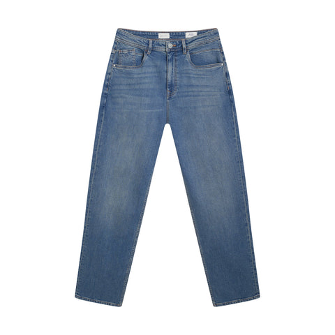 Vintage Blue Waschung der Vega Relaxed Straight Jeans von Dawn Denim mit natürlichen Aufhellungen